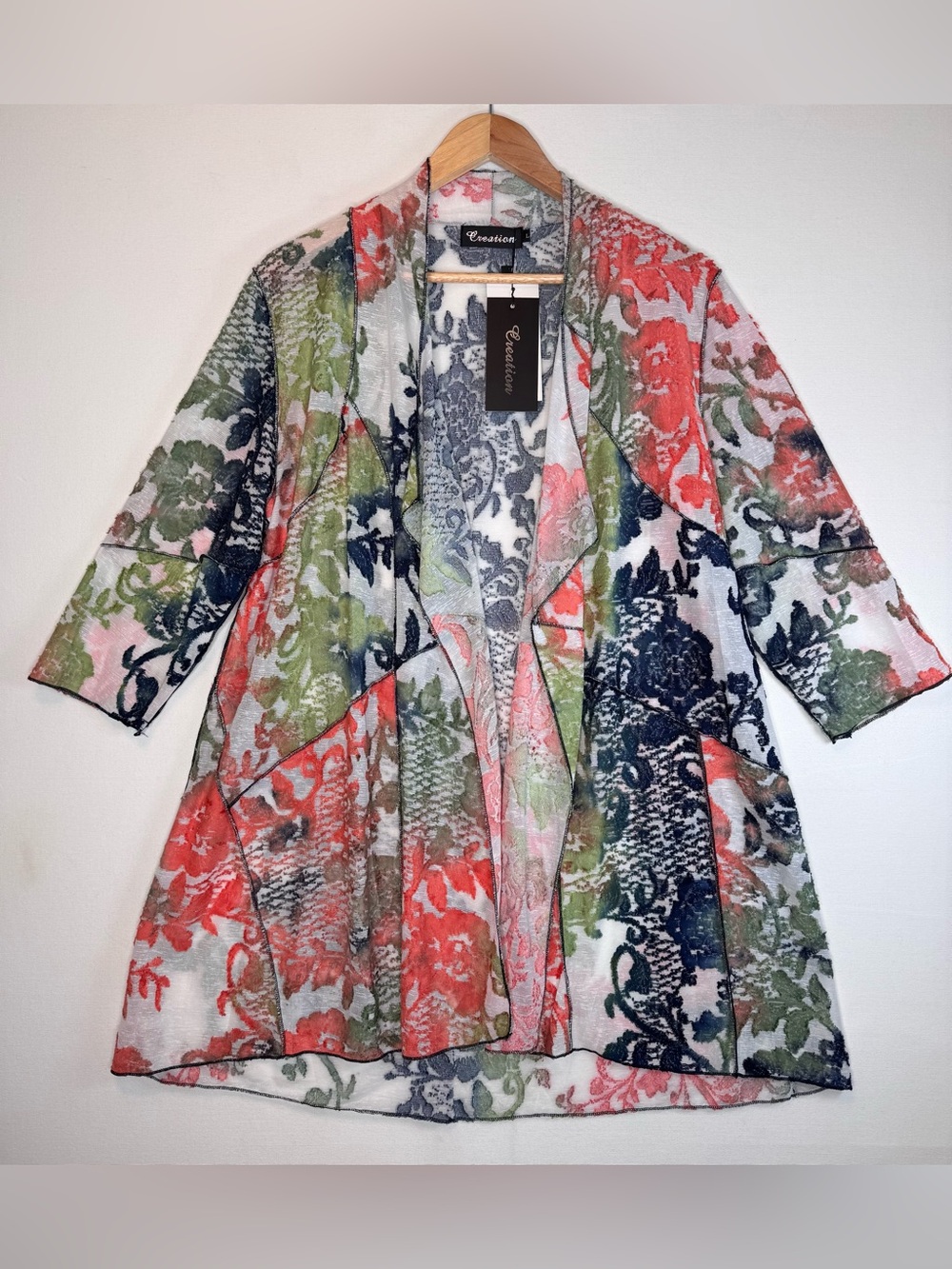Creation Kimono Peach Navy 3/4 Sleeve Open Front Semi Sheer Duster Cardigan Sz L